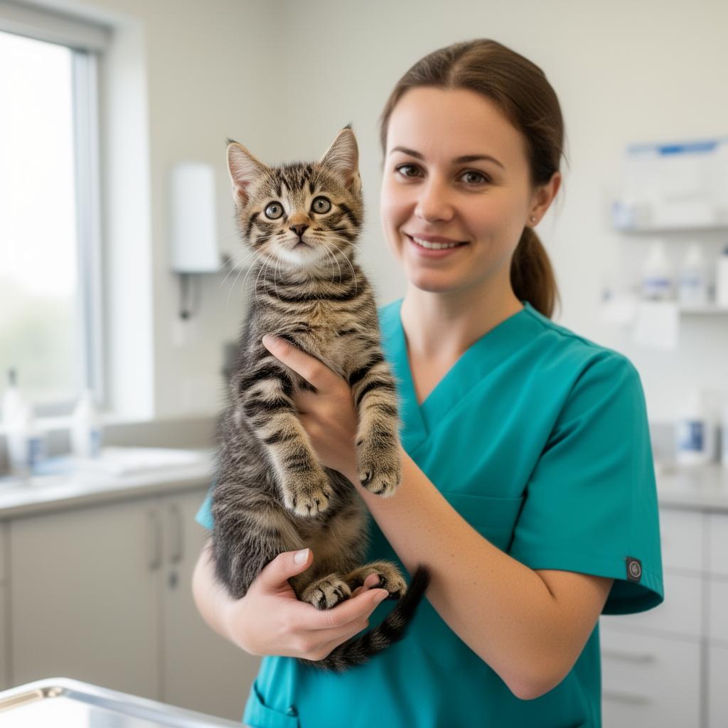 Mèo con tabby được bác sĩ thú y bế khám trong phòng khám hiện đại
