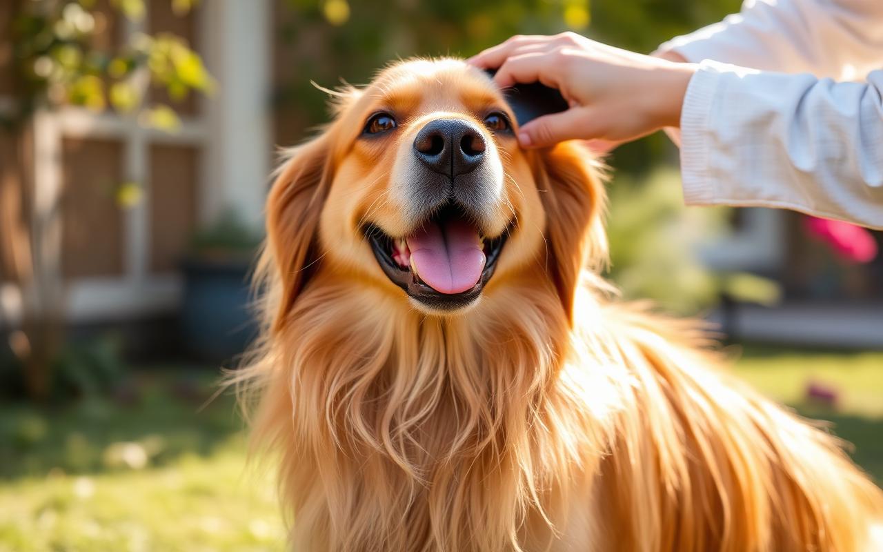 Chó Golden Retriever lông vàng mượt được chải lông ngoài sân vào mùa hè